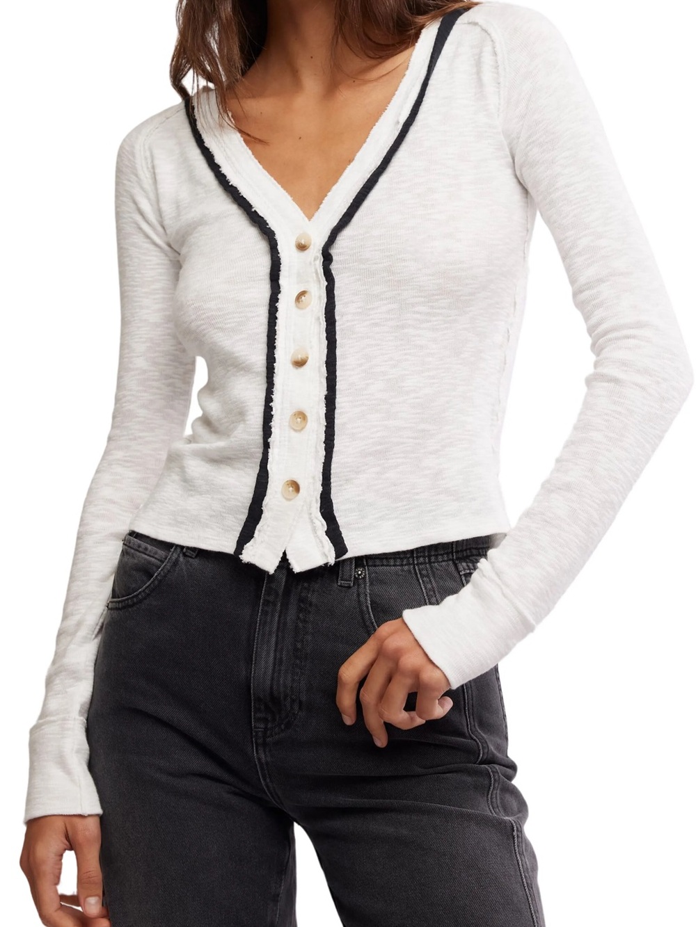 Free People Tipton Raw Edge Button-Up Top Ivory Black Size XS